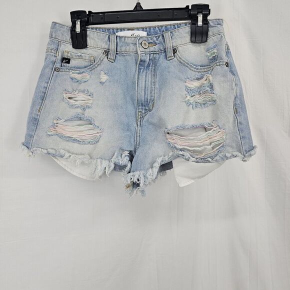 KanCan Women's High Rise Distressed Denim Shorts KC9225L Colored Threads 7/27 - Picture 2 of 10